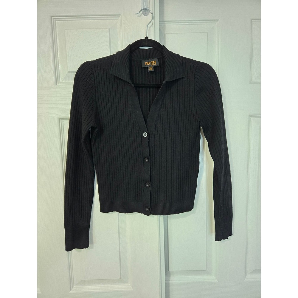 Y2K Black Ribbed Knit Collared Button Front Cropped Cardigan Sweater M